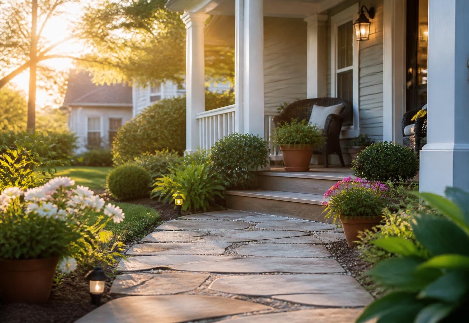 Sunlit stone pathway leading to the front porch of a welcoming home